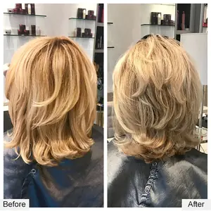 Before and after highlights: flat blonde bob given brighter dimension, by Paul Juma