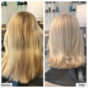 Before and after highlights: brassy blonde refreshed to a cool, bright blonde, by Paul Juma