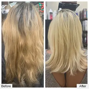 Before and after: brassy blonde with dark roots to bright, clean blonde, by Paul Juma