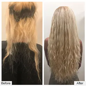 Before and after: banded orange and dark color to soft, even light blonde, by Paul Juma