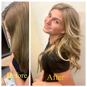 Before and after balayage: flat light brown to sun-kissed blonde balayage, by Paul Juma