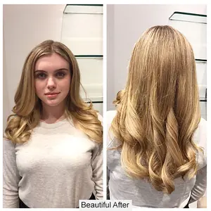 Before and after: dimensional blonde balayage on long, curled hair, by Paul Juma