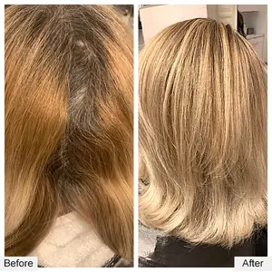Color correction before and after: dark roots and brassy bands blended to soft blonde, by Paul Juma