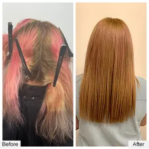 Color correction before and after: faded pink and dark color corrected to even copper, by Paul Juma