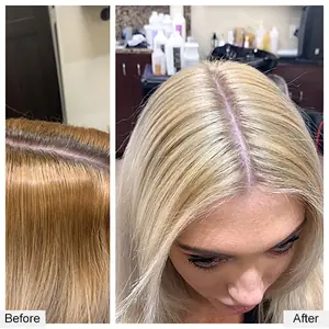 Color correction before and after: brassy, banded blonde corrected to clean, bright blonde, by Paul Juma